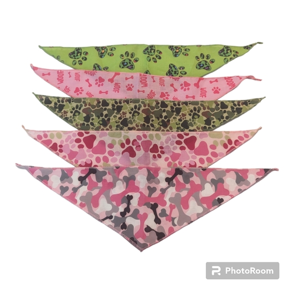 Set Of 5 Small Sized Pink Green Pet Dog Cat Bandanas. - Picture 1 of 1